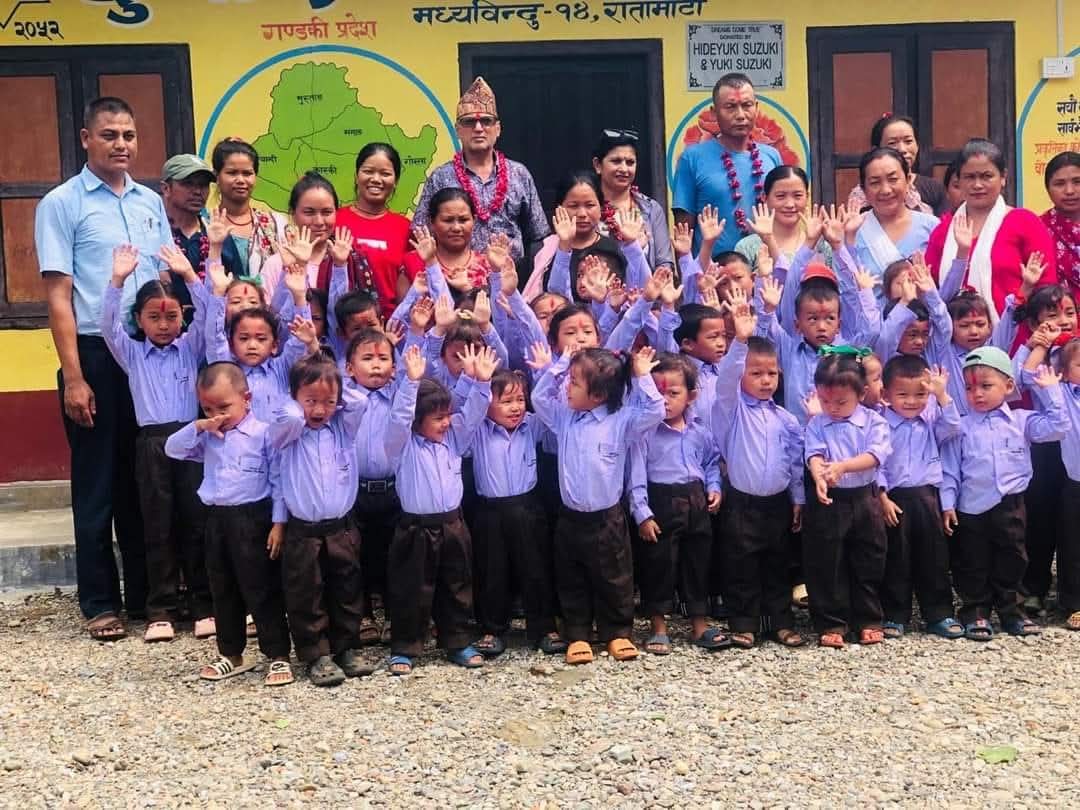 group of students after receiving donation from resham firiri nepal