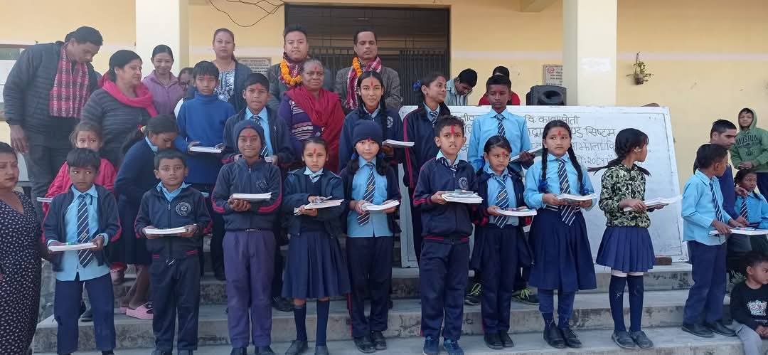 group of students after receiving donation from resham firiri nepal